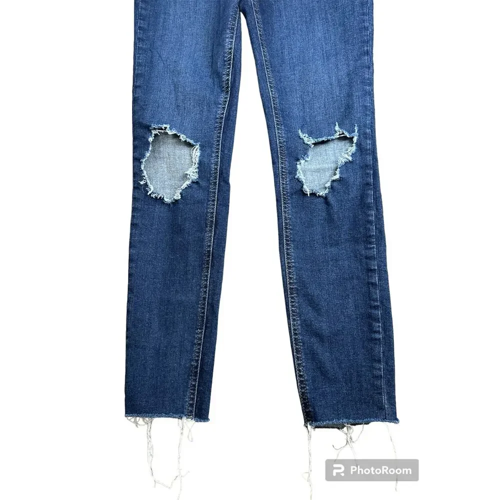 Free People 'Busted Skinny' Distressed Raw Hem Blue Hi Rise Skinny Jeans Size 27
